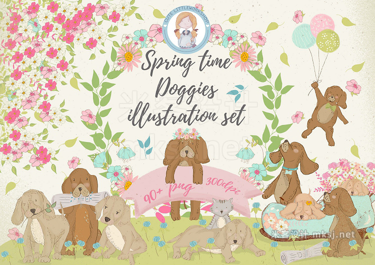 png素材 Spring time Doggies illustration set