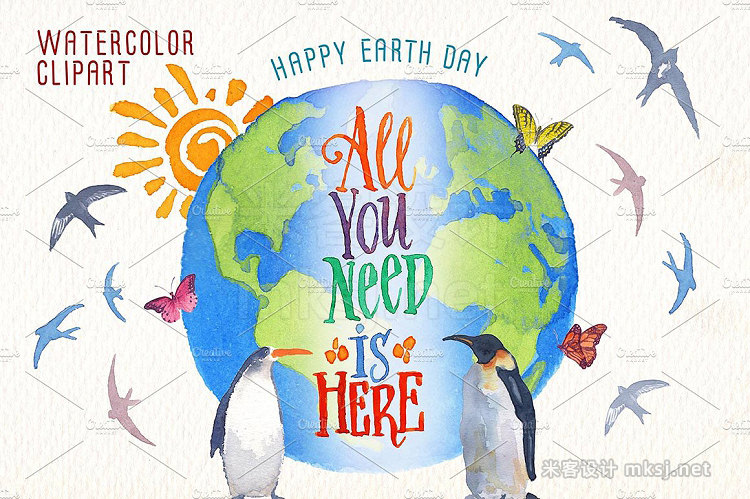 png素材 earth day watercolor clip art set