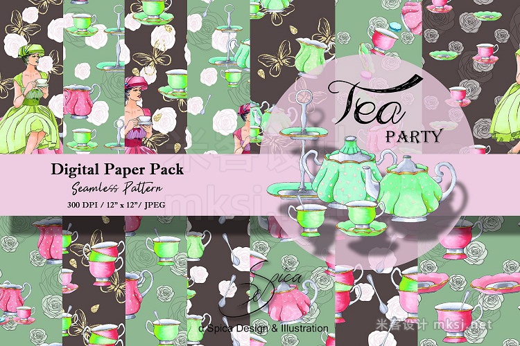 png素材 Tea party Digital paper pack