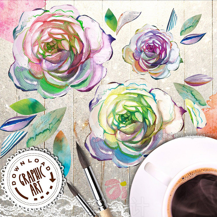 png素材 Watercolor clipart; Rose wreath