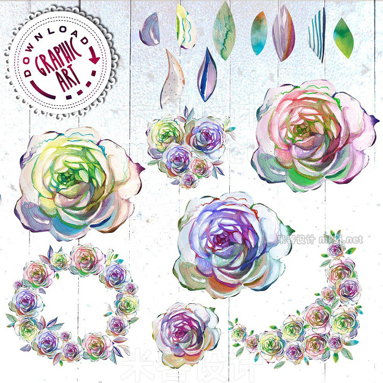 png素材 Watercolor clipart; Rose wreath