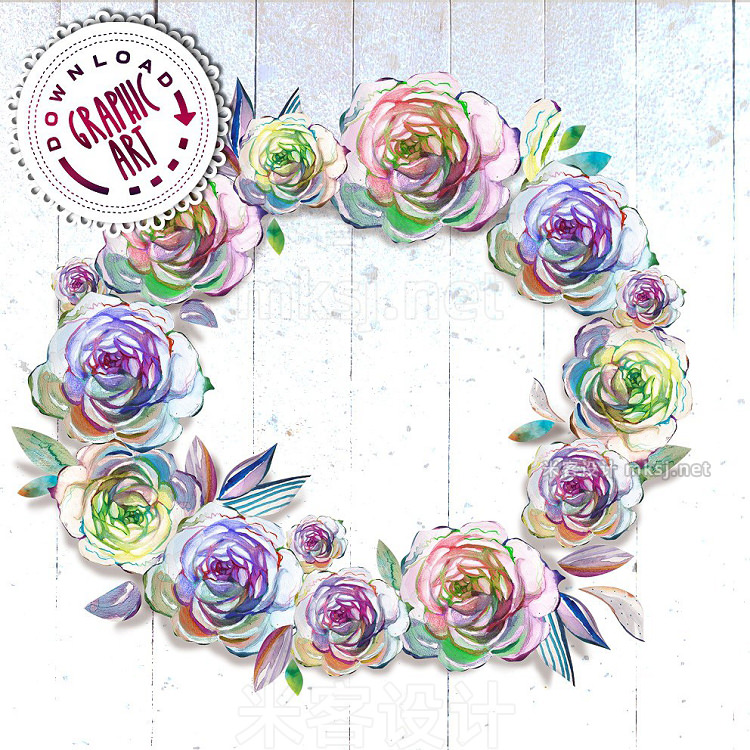 png素材 Watercolor clipart; Rose wreath