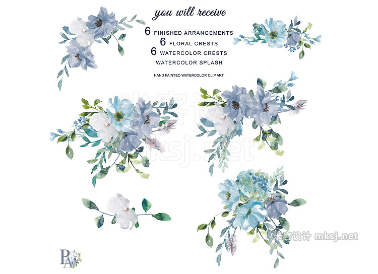 png素材 Watercolor French Blue Floral Crests