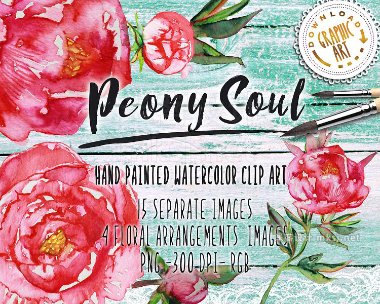 png素材 Watercolor clipart; Peony wreath