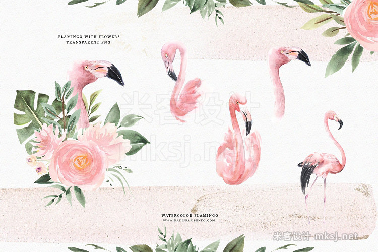 png素材 Watercolor Flamingo Flowers