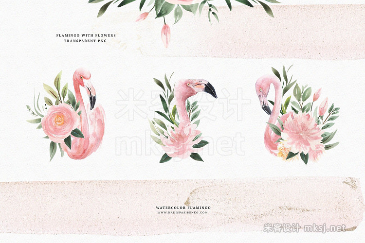 png素材 Watercolor Flamingo Flowers
