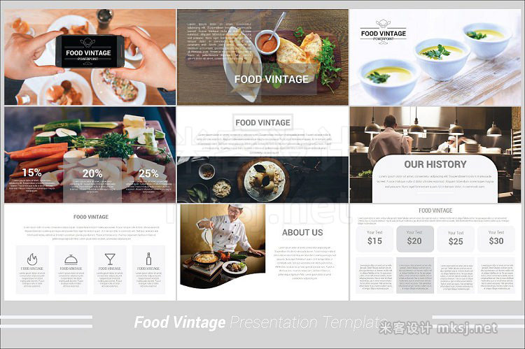 欧美创意经典美食展示多媒体图片画廊组合PPT模板 Food Vintage Powerpoint Template