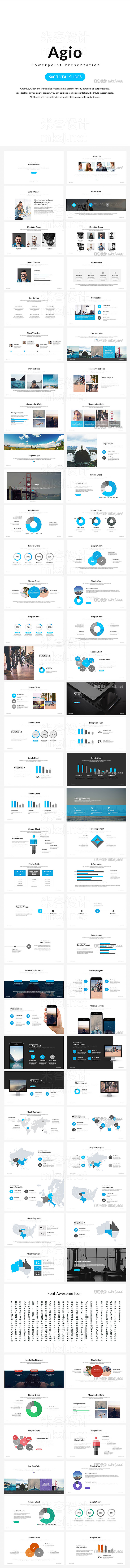 蓝色简约企业公司商业投资现代信息图表PPT模板 Agio Powerpoint Presentation