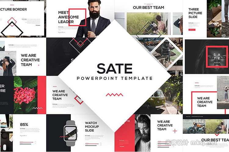 矩形三角时尚图表社交媒体商业推广PPT模板 SATE PowerPoint Template