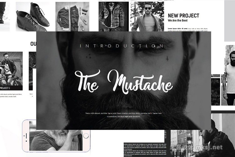 黑白素雅摄影图文混排年度分析报告PPT模板 The Mustache Presentation Powerpoint