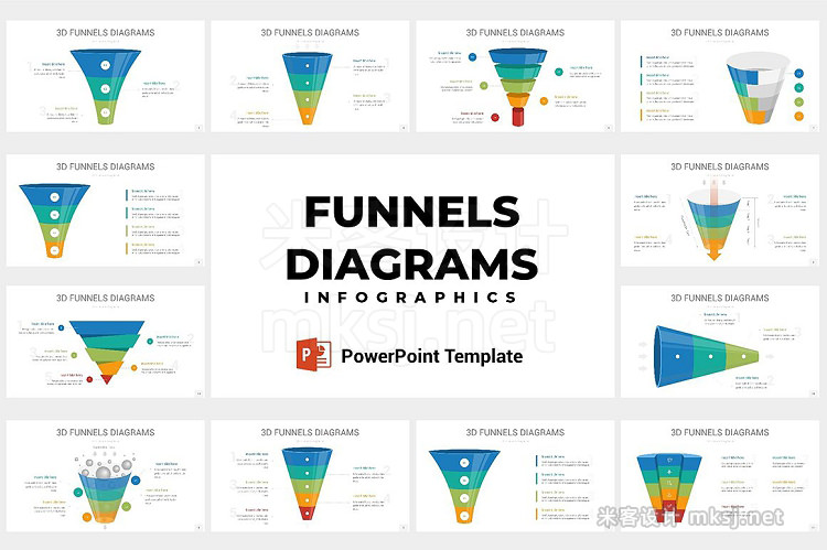 PPT模板 3D Funnels Diagrams PowerPoint