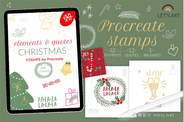 44款新年圣诞节Procreate笔刷 Christmas Procreate Stamps Xmas Brushes